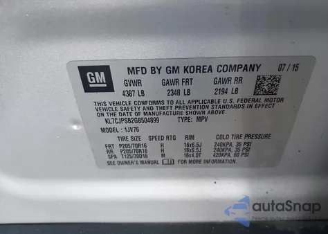 2016 Chevrolet Trax Lt from USA, damaged, VIN KL7CJPSB2GB504899